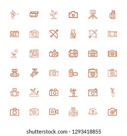 Editable 36 shoot icons for web and mobile. Set of shoot included icons line Camera, Photo camera, Sprout, Archery, Quiver, Cannon on white background
