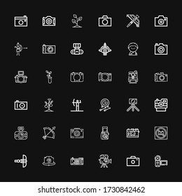 Editable 36 shoot icons for web and mobile. Set of shoot included icons line Camera, Photo camera, Crossbow, No photo, Archery, Sprout, Instant camera, Soccer player on black background