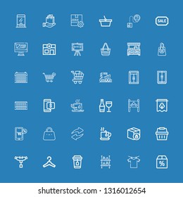 Editable 36 shop icons for web and mobile. Set of shop included icons line Offer, Clothes hanger, Shelf, Tea, Hanger, Sausage, Shopping basket, Package, Transfer on blue background