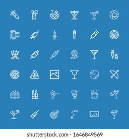 Editable 36 shot icons for web and mobile. Set of shot included icons line Cocktail, Pool table, Syringe, Dartboard, Slingshot, Archery, Spellbook, Tennis ball on blue background