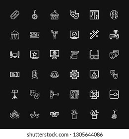 Editable 36 show icons for web and mobile. Set of show included icons line Unicycle, Magic hat, Magic, Mask, Slide, Spotlight, Ticket, Wand, Theater, Stand on black background