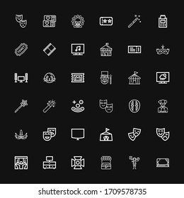 Editable 36 show icons for web and mobile. Set of show included icons line Stage, Acting, Stand, Spotlight, Television, Curtains, Theatre mask, Theater, Circus on black background
