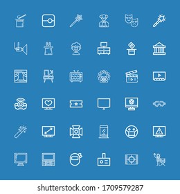 Editable 36 show icons for web and mobile. Set of show included icons line Actor, Movie, Projector, Mask, Tv, Display, Television, Ticket window, Spotlight on blue background