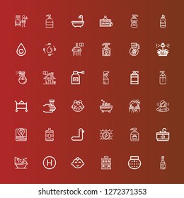 Editable 36 shower icons for web and mobile. Set of shower included icons line Water, Shower, Hotel, Baby boy, Bathtub, Bathroom, Shampoo, Duck, Robe, Sauna, Washing, Bath on red