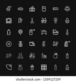 Editable 36 shower icons for web and mobile. Set of shower included icons line Sauna, Water, Blanket, Shower, Spray, Room service, Bath, Soap, Doorman, Shampoo on black background