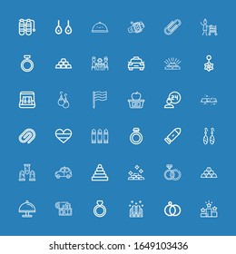 Editable 36 silver icons for web and mobile. Set of silver included icons line Win, Wedding rings, Ingots, Ring, Gold, Tray, Rings, Taxi, Bullets, Earrings on blue background