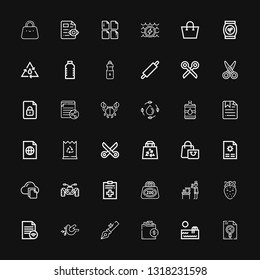 Editable 36 simplicity icons for web and mobile. Set of simplicity included icons line File, Swimming pool, Shopping bag, Anchor, Dove, Strawberry, Water, Bag on black background