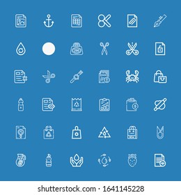 Editable 36 simplicity icons for web and mobile. Set of simplicity included icons line File, Strawberry, Water, Scissors, Shopping bag, Rolling pin, Paper bag on blue background