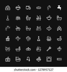 Editable 36 sink icons for web and mobile. Set of sink included icons line Bath, Sink, Faucet, Bathtub, Bathroom, Plunger, Washbowl, Basin, Water tap, Plumber on black background