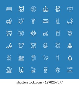 Editable 36 sitting icons for web and mobile. Set of sitting included icons line Waiting room, Kitty, Cat, Bench, Buddha, Lounge chair, Squirrel, Relax, Bear on blue background