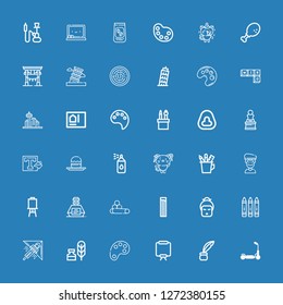 Editable 36 sketch icons for web and mobile. Set of sketch included icons line Kick scooter, Inkwell, Canvas, Color palette, Writing tool, Hang gliding, Crayon on blue background
