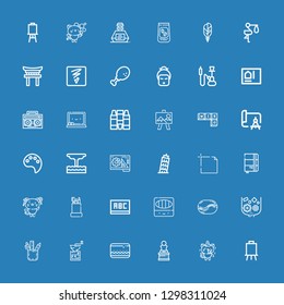 Editable 36 sketch icons for web and mobile. Set of sketch included icons line Canvas, Kitty, Art, Pencil case, Coffee grinder, Crusher, Coffee bean, Colored pencils on blue background