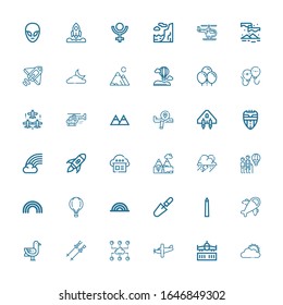 Editable 36 sky icons for web and mobile. Set of sky included icons line Sun cloud, Airplane, Cloud, Poles, Seagulls, National mall, Scraper, Rainbow, Hot air balloon on white background