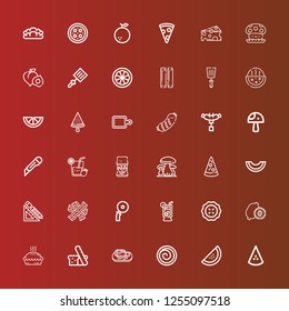 Editable 36 slice icons for web and mobile. Set of slice included icons line Watermelon, Cinnamon roll, Steak, Bread, Pie, Kiwi, Lemonade, Cutter, Bacon, Design tools, Melon on red