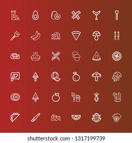 Editable 36 slice icons for web and mobile. Set of slice included icons line Lemon, Dragon fruit, Cheese, Cutter, Sandwich, Lemon juice, Onion, Pizza, Orange, Watermelon on red