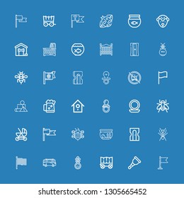 Editable 36 small icons for web and mobile. Set of small included icons line Flag, Wooden leg, Carriage, Mirror, Minibus, Ant, Sharpener, Fishbowl, Bee, Baby carriage on blue background