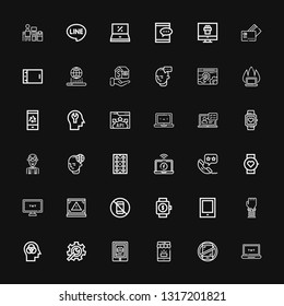 Editable 36 smart icons for web and mobile. Set of smart included icons line Laptop, No phones, Mobile, Tablet, Setting, Mind, Smartwatch, No phone, Computer on black background