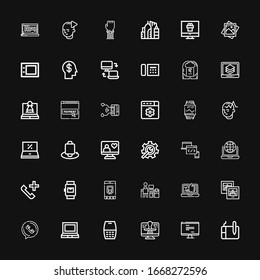 Editable 36 smart icons for web and mobile. Set of smart included icons line Graphic tablet, Monitor, Computer, Cellphone, Laptop, Phone call, Photo, Mobile on black background