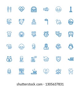 Editable 36 smile icons for web and mobile. Set of smile included icons line Tooth, Dog, Toothbrush, Expresso, Girl, Dentist, Clown, Dental, Theatre mask, Kitty on white background