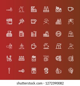 Editable 36 smoke icons for web and mobile. Set of smoke included icons line Global warming, Lighter, Coffee cup, Matches, Match, Cigarette, Factory, Hookah, Volcano, Nuclear plant on red