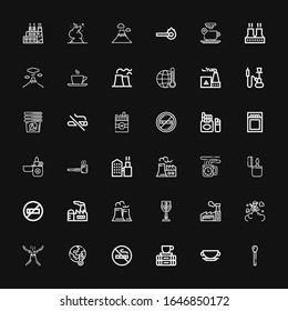 Editable 36 smoke icons for web and mobile. Set of smoke included icons line Match, Cup, Break, No smoking, Global warming, Volcano, Smoke bomb, Factory, Nuclear plant on black background