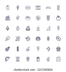 Editable 36 snack icons for web and mobile. Set of snack included icons line Take away, Ice cream, Kebab, Snack, Sandwich, Fried chicken, Apple, Sweet, Churros on white background