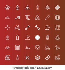 Editable 36 snow icons for web and mobile. Set of snow included icons line Park, Goggles, Water, Forest, Chimney, Snow, Ice skate, Polar bear, Luge, Ski, Iceberg, Eskimo on red