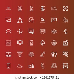 Editable 36 social icons for web and mobile. Set of social included icons line Group, Inbox, Cards, Like, Chalk, Hashtag, Add button, Equality, Chat, Web design, Network on red