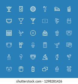 Editable 36 soft icons for web and mobile. Set of soft included icons line Bear, Frozen yogurt, Pillows, Energy drink, Toilet paper, Cocktail, Pudding, Diaper on blue background
