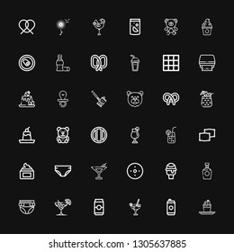 Editable 36 soft icons for web and mobile. Set of soft included icons line Pudding, Energy drink, Cocktail, Can, Diaper, Brandy, Icecream, Blur, Martini, Cream on black background