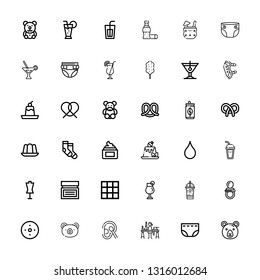 Editable 36 soft icons for web and mobile. Set of soft included icons line Bear, Diaper, Candle making, Cotton, Blur, Pacifier, Ice coffee, Cocktail, Blanket on white background