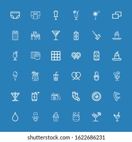 Editable 36 soft icons for web and mobile. Set of soft included icons line Cocktail, Frozen yogurt, Pacifier, Blur, Pads, Can, Socks, Cream, Energy drink, Pretzel on blue background