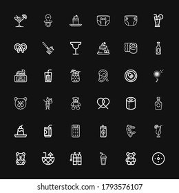 Editable 36 soft icons for web and mobile. Set of soft included icons line Blur, Teddy bear, Soda, Oxigen, Cocktail, Pads, Can, Mattress, Pudding, Brandy, Toilet paper on black background