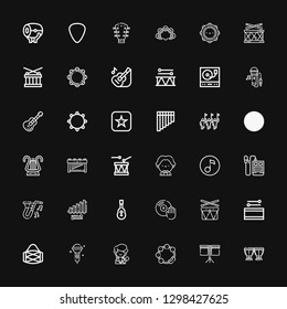 Editable 36 song icons for web and mobile. Set of song included icons line Timpani, Drum, Tambourine, Singer, Karaoke, Drums, Vinyl, Guitar, Xylophone, Jazz on black background