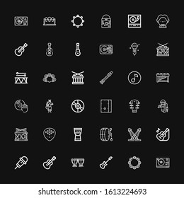 Editable 36 song icons for web and mobile. Set of song included icons line Turntable, Tambourine, Electric guitar, Timpani, Guitar, Karaoke, Concert, Drum on black background