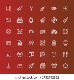 Editable 36 song icons for web and mobile. Set of song included icons line Tambourine, Drum, Philharmonic, Guitar, Drums, Acoustic guitar, Parade, Gong, Conga, Vinyl, Encore on red