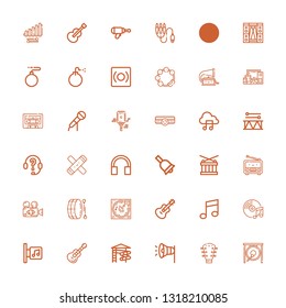Editable 36 sound icons for web and mobile. Set of sound included icons line Gong, Guitar, Megaphone, Slider, Music store, Music, Drum, Live, Radio, Bell, Headphones on white background
