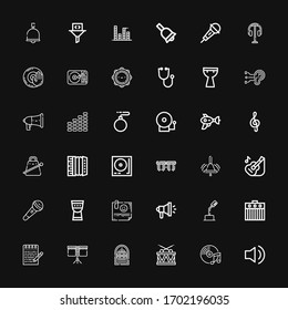 Editable 36 sound icons for web and mobile. Set of sound included icons line Audio, Music, Drum, Jukebox, Note, Amplifier, Microphone, Megaphone, Timpani, Guitar on black background