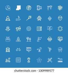 Editable 36 space icons for web and mobile. Set of space included icons line Science fiction, Satellite, Star, Space capsule, Waffle, Moon rover, Canvas, Scientist on blue background