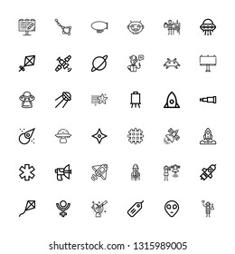 Editable 36 space icons for web and mobile. Set of space included icons line Scientist, Alien, Tag, Pluto, Kite, Startup, Satellite, Rocket, Parabolic, Star on white background