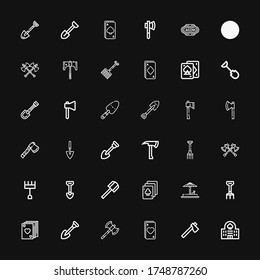 Editable 36 spade icons for web and mobile. Set of spade included icons line Casino, Axe, Ace, Axes, Shovel, Poker, Rake, Sand, Playing cards, Pitchfork, Spade on black background