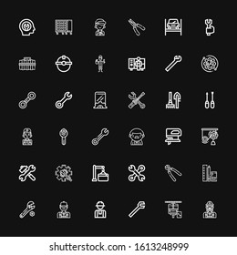 Editable 36 spanner icons for web and mobile. Set of spanner included icons line Engineer, Maintenance, Wrench, Worker, Tools, Pliers, Mechanics, Fretsaw, Mechanic on black background