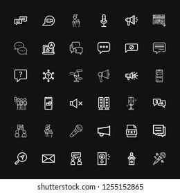 Editable 36 speak icons for web and mobile. Set of speak included icons line Microphone, Speech, Speaker, Talk, Message, Conversation, Text, Megaphone, Question on black background