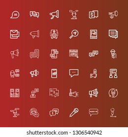 Editable 36 speak icons for web and mobile. Set of speak included icons line Microphone, Speech bubble, Chat, Chat bubble, Megaphone, Speaker, Speakers, Talk, Message, Blog on red