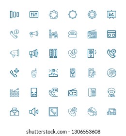 Editable 36 speaker icons for web and mobile. Set of speaker included icons line Electronics, Music, Phone, Telephone, Volume, Audio, Teacher, Radio, Phone call on white background