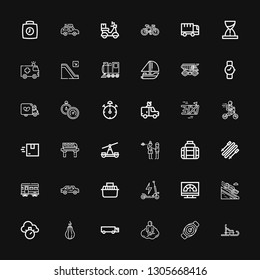 Editable 36 speed icons for web and mobile. Set of speed included icons line Luge, Watch, Astral, Cargo truck, Punching ball, Chronometer, Speed, Scooter, Transport on black background