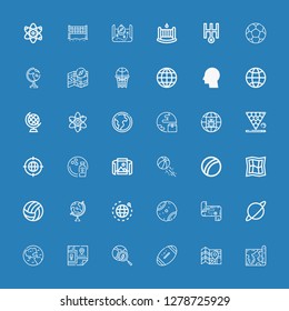 Editable 36 sphere icons for web and mobile. Set of sphere included icons line Map, Football, Green earth, Earth, Planet, Tennis ball, World, Globe, Volleyball on blue background