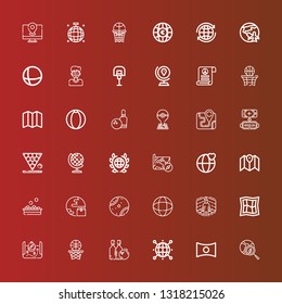 Editable 36 sphere icons for web and mobile. Set of sphere included icons line Green earth, Panorama, World, Bowling, Basketball, Map, Virtual reality, Earth grid, Tennis ball on red
