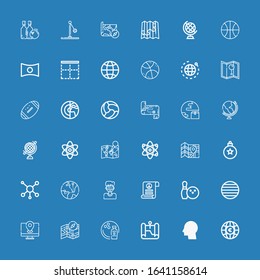 Editable 36 sphere icons for web and mobile. Set of sphere included icons line Globe, Global, Map, Bowling, Ball, Pacifism, Virtual reality, Molecule, Bauble on blue background