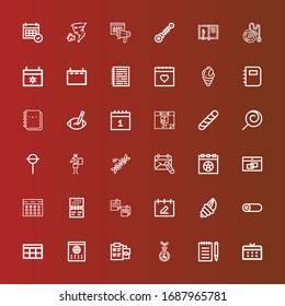 Editable 36 spiral icons for web and mobile. Set of spiral included icons line Calendar, Notepad, Transgenics, Roll, Seashell, Dna, Notebook, Lollipop, Stick candy, Rugby ball on red